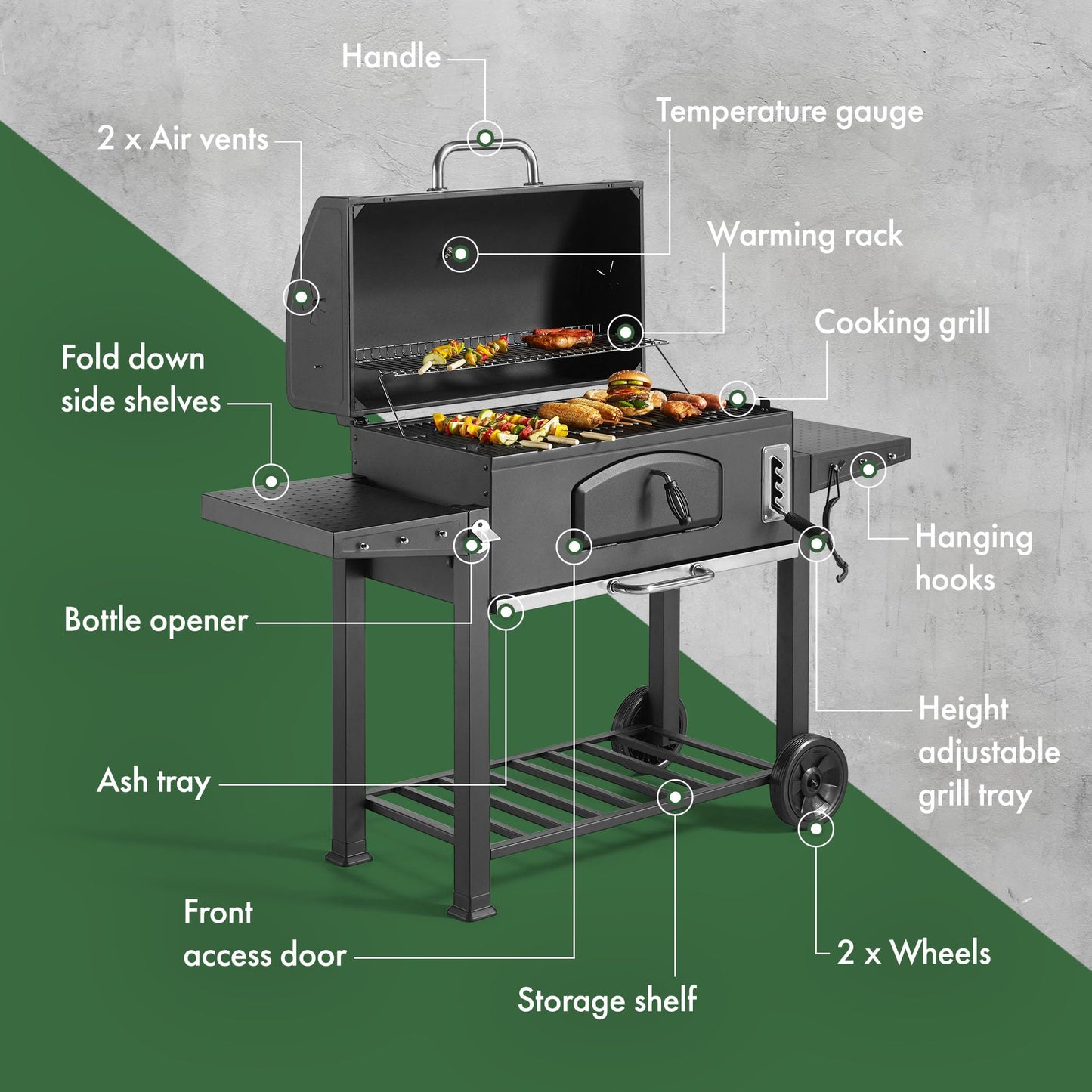 VonHaus Charcoal BBQ – Portable Barbecue with Warming Rack, Fold Down Shelves, Temperature Gauge, Wheels, Large Cooking Grill, Air Vents – 2 in 1 Barbeque and Smoker – Grill Meat, Fish & Vegetables