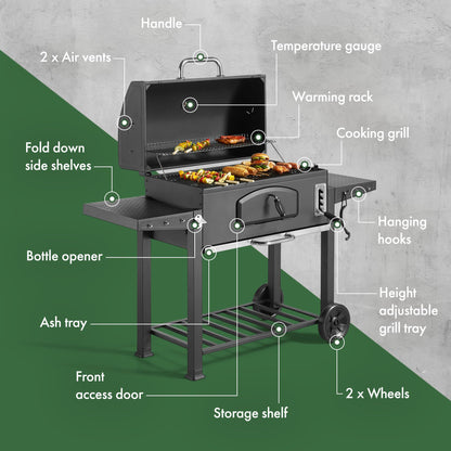 VonHaus Charcoal BBQ – Portable Barbecue with Warming Rack, Fold Down Shelves, Temperature Gauge, Wheels, Large Cooking Grill, Air Vents – 2 in 1 Barbeque and Smoker – Grill Meat, Fish & Vegetables