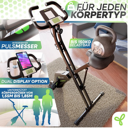 TRETMANN Exercise Bike Foldable 16 Speeds – Magnetbremse, Pulssensor, 150kg, DEKRA, Matt Stahl