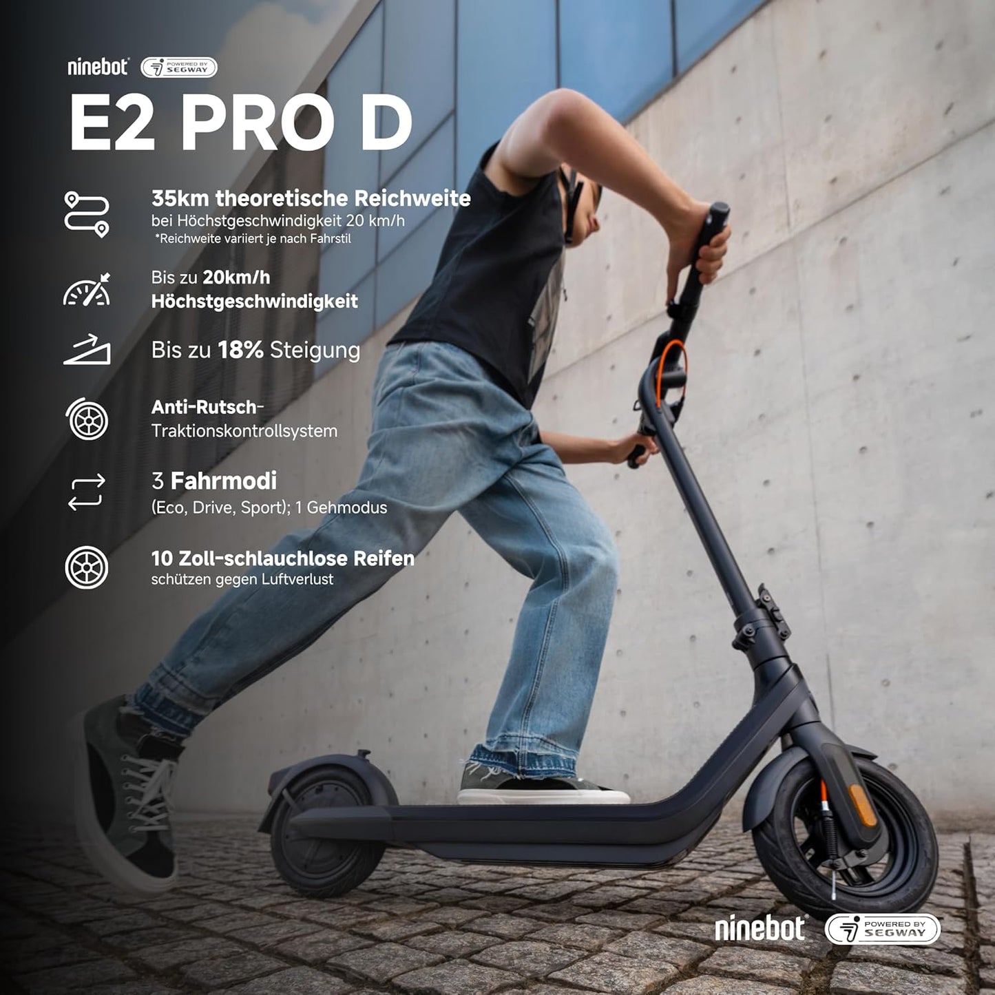 Segway-Ninebot E2 Pro D E-Scooter, 20 km/h, Up to 35 km Range, 275 Wh Battery, 10 Zoll Tubeless Pneumatic Tyres, TCS, Dual Braking System, LED Display, Foldable, Black