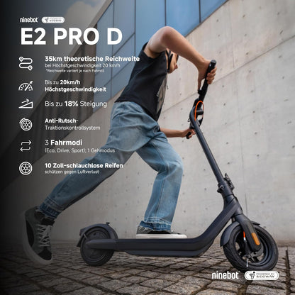 Segway-Ninebot E2 Pro D E-Scooter, 20 km/h, Up to 35 km Range, 275 Wh Battery, 10 Zoll Tubeless Pneumatic Tyres, TCS, Dual Braking System, LED Display, Foldable, Black