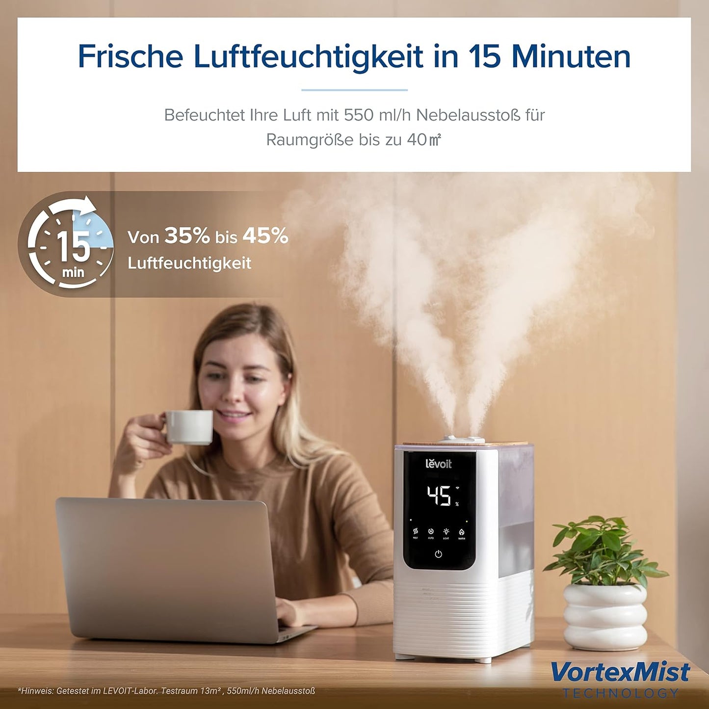 Levoit OasisMist LUH-O451S Humidifier 4,5L – Warm & Kalt, VortexMist, 550ml/h, 26dB, WiFi, Moon White