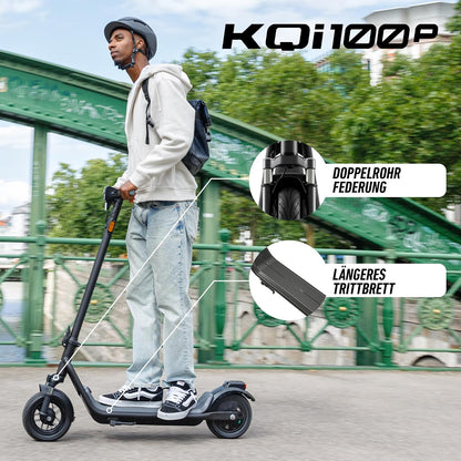 NIU KQi100P E-Scooter with ABE, Up to 29 km Range, 300 W Motor, 10 Zoll Pneumatic Tyres, hydraulische Front Suspension, App Control, Anthracite/Black