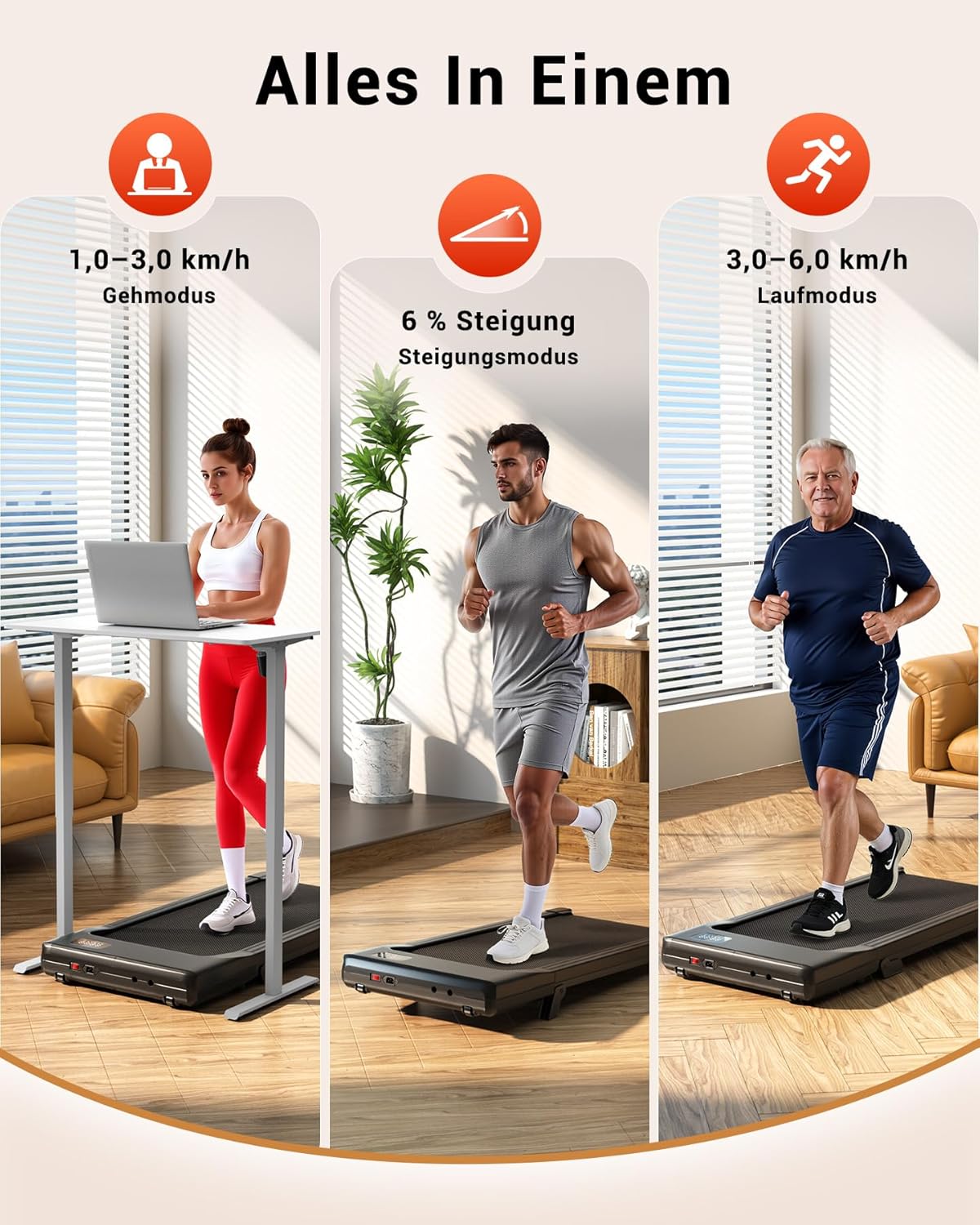 Superun WP06 Treadmill 6% Tilt – 16,8 km/h, 136kg, 2,5 PS, KI-Training, App, 40x90cm, Black
