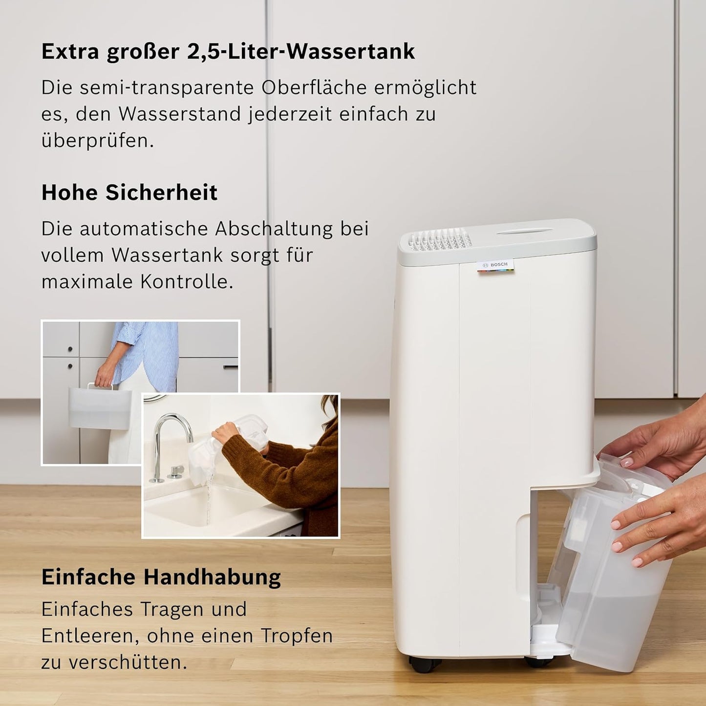 Bosch Dry 2000 Dehumidifier 12L/Day – 35dB, 2,5L Tank, Auto/Nacht/Laundry, 24m², White/Grey