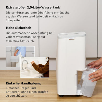 Bosch Dry 2000 Dehumidifier 12L/Day – 35dB, 2,5L Tank, Auto/Nacht/Laundry, 24m², White/Grey