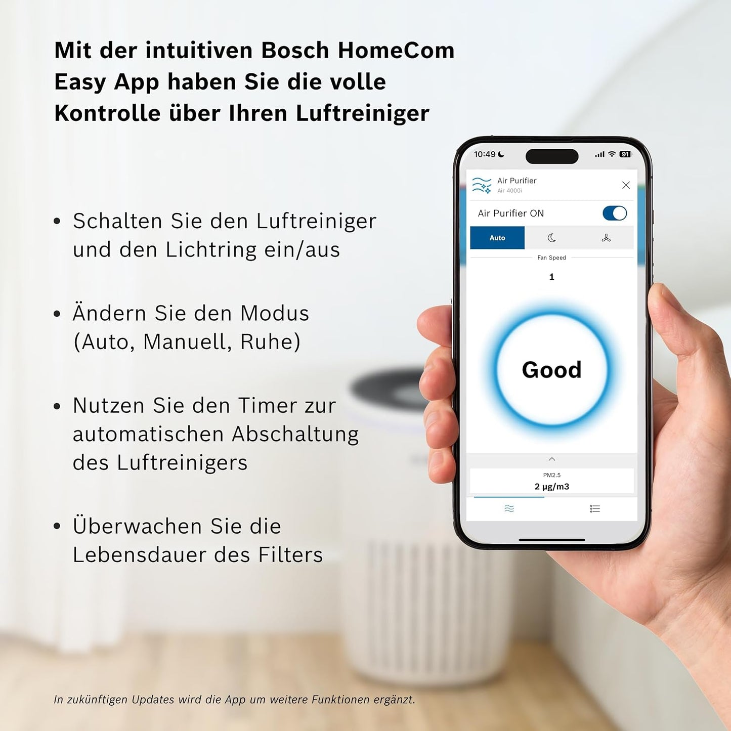Bosch Air 4000i Air Purifier 62,5m² – 3-in-1 HEPA+Aktivkohle, CADR 300m³/h, 25dB, App, Smart Home, White