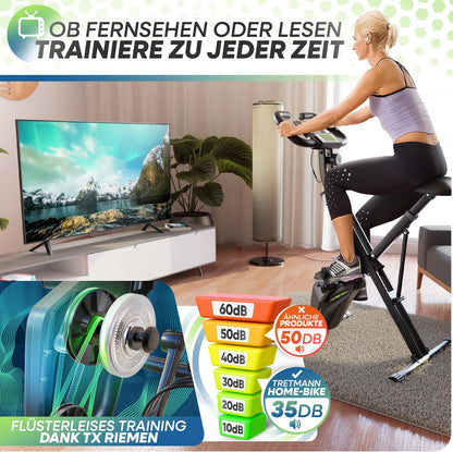TRETMANN Exercise Bike Foldable 16 Speeds – Magnetbremse, Pulssensor, 150kg, DEKRA, Matt Stahl