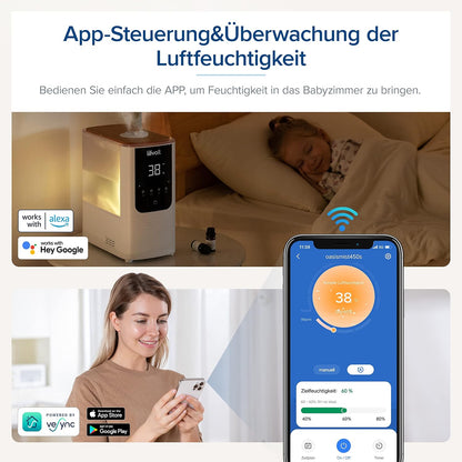 Levoit OasisMist LUH-O451S Humidifier 4,5L – Warm & Kalt, VortexMist, 550ml/h, 26dB, WiFi, Moon White