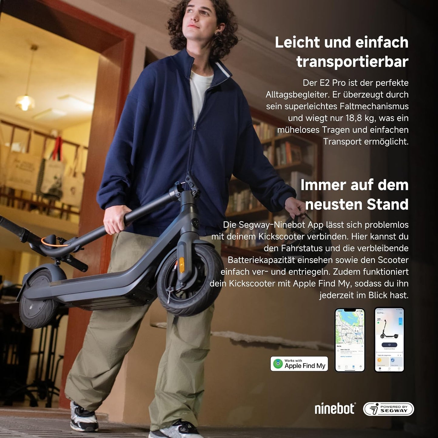 Segway-Ninebot E2 Pro D E-Scooter, 20 km/h, Up to 35 km Range, 275 Wh Battery, 10 Zoll Tubeless Pneumatic Tyres, TCS, Dual Braking System, LED Display, Foldable, Black