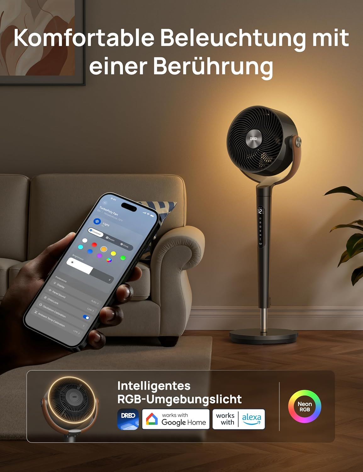DREO PolyFan 513S DR-HAF003S Pedestal Fan 95,5cm – 2209m³/h, 20dB, RGB, 150°+120°, WiFi, Alexa, Black