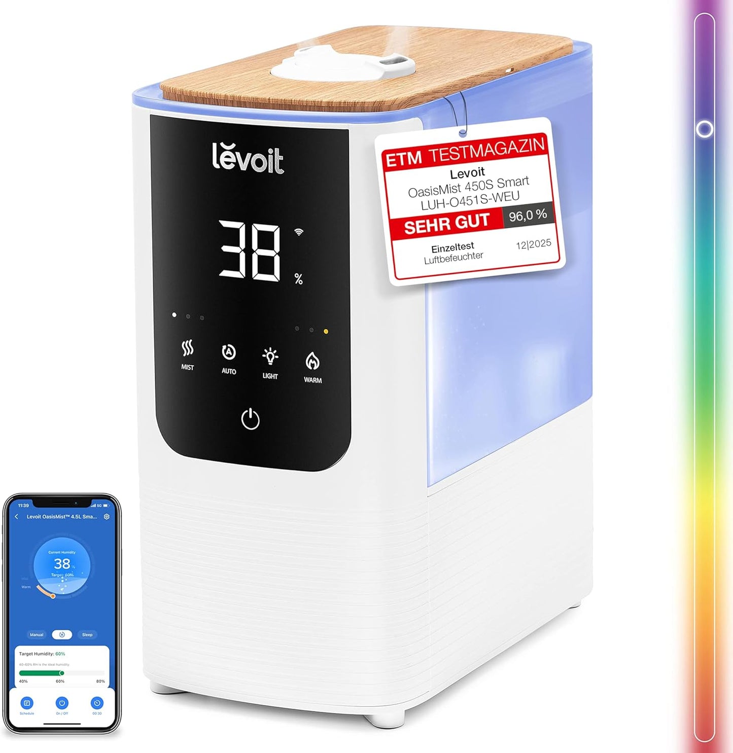 Levoit OasisMist LUH-O451S Humidifier 4,5L – Warm & Kalt, VortexMist, 550ml/h, 26dB, WiFi, Moon White