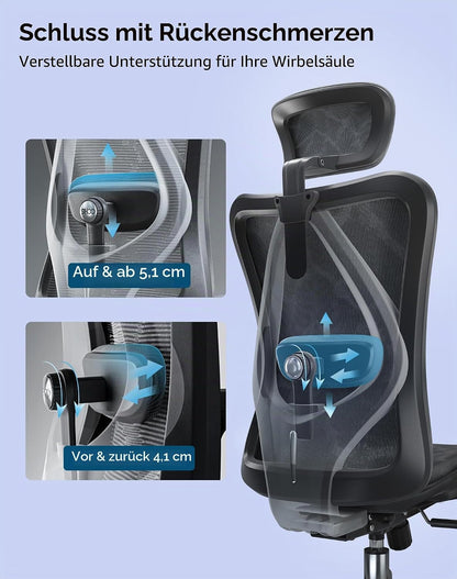 SIHOO M57 Ergonomic Office Chair, 3D-Armrests, Mesh, Headrest, Up to 150 kg, Black