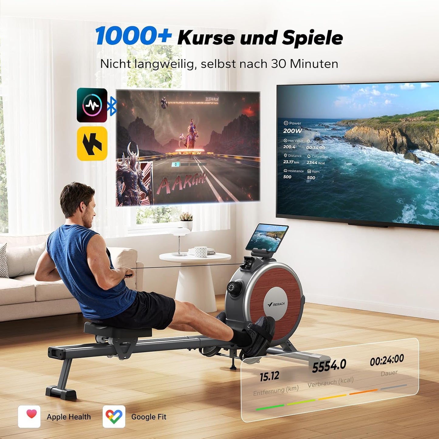 MERACH Q1s Rowing Machine 160kg – 32-stufig Magnet, 5,5kg Schwungrad, App, Dual-Rail, 0,2m², Black