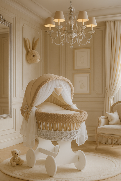 Lullaby Lane White Wicker Moses Basket With Stand And Canopy Wheels For Easy Mobility And Cozy Newborn Sleep