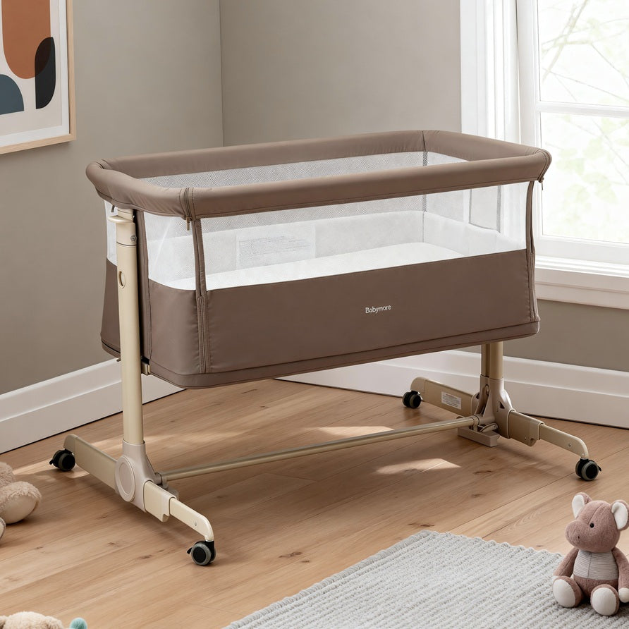 Babymore Neera Bedside Crib Mocha - Close To Baby With 2 In 1 Design For Easy Nighttime Feeds