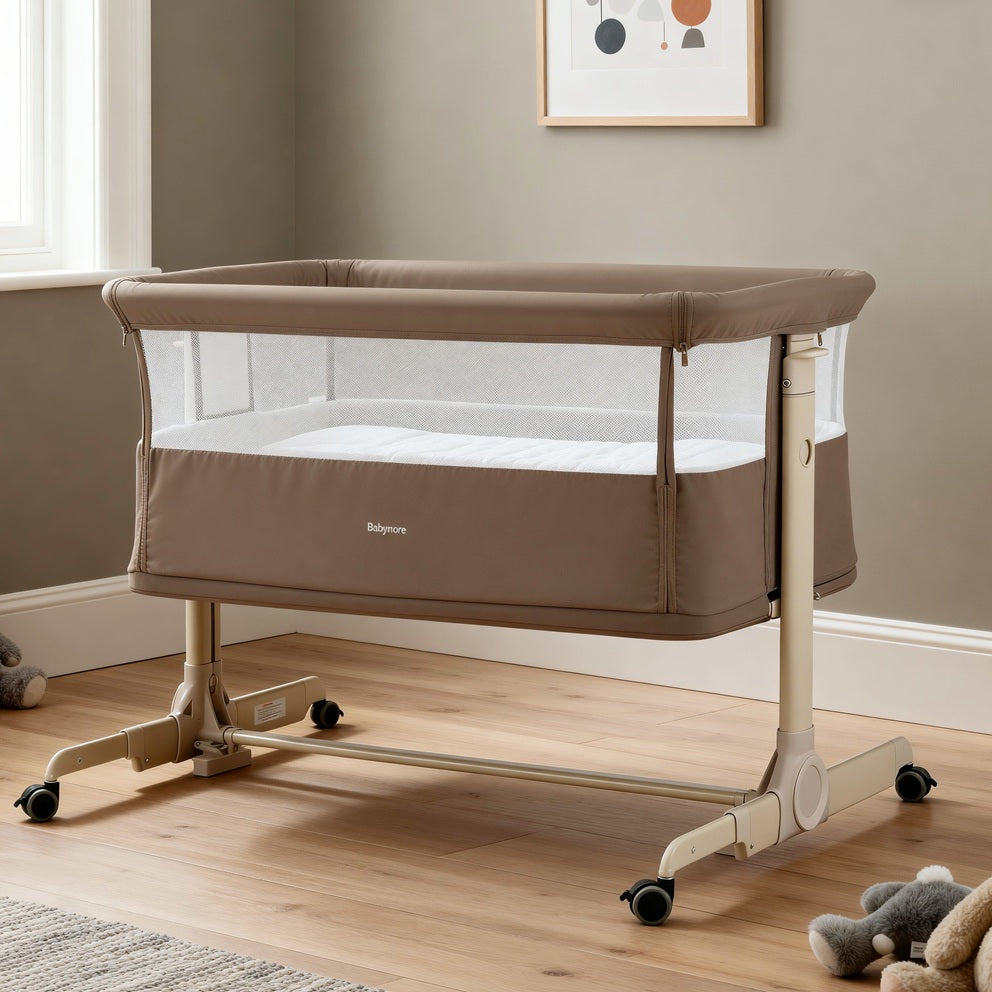 Babymore Neera Bedside Crib Mocha - Close To Baby With 2 In 1 Design For Easy Nighttime Feeds