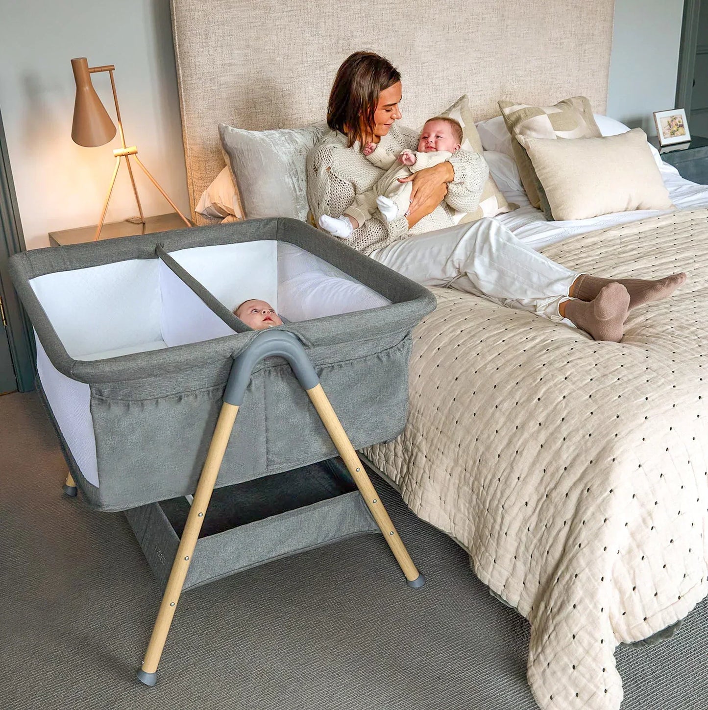 Puggle Dreamy Twin Bedside Crib - Safe Co-Sleeping For Twin Newborns Keeps Both Babies Close By Your Side