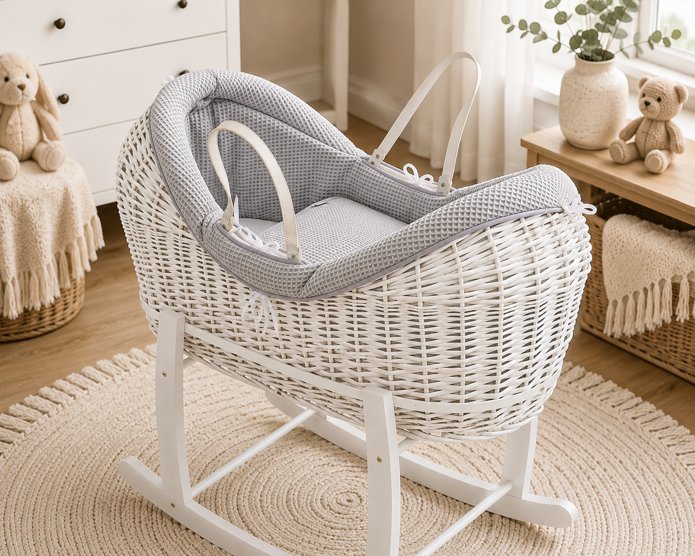NurtureNest Wicker Deluxe Pod Baby Moses Basket With Stand - Cozy Traditional Wicker Bed For Newborn Safety