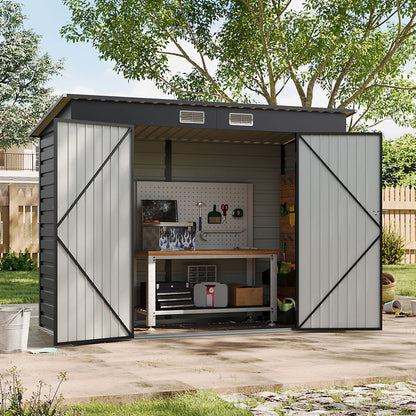 8x4ft Galvanized Steel Tool Storage Shed with Dual Doors