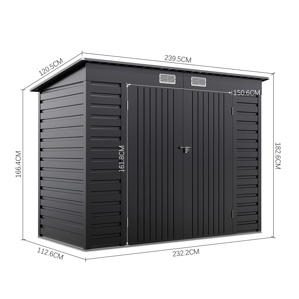 8x4ft Galvanized Steel Tool Storage Shed with Dual Doors