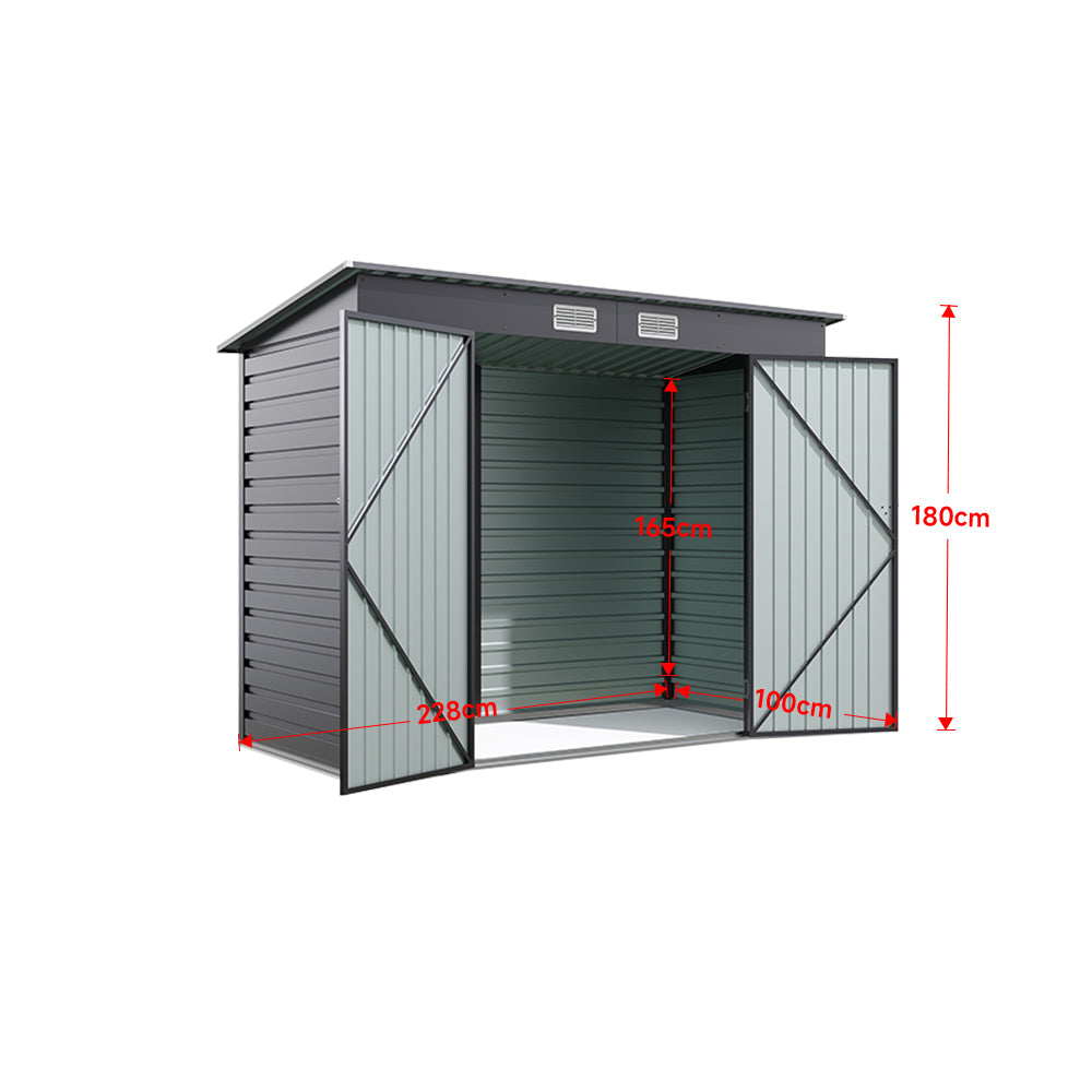 8x4ft Galvanized Steel Tool Storage Shed with Dual Doors