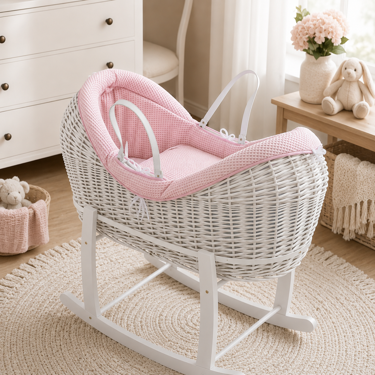 NurtureNest Wicker Deluxe Pod Baby Moses Basket With Stand - Cozy Traditional Wicker Bed For Newborn Safety