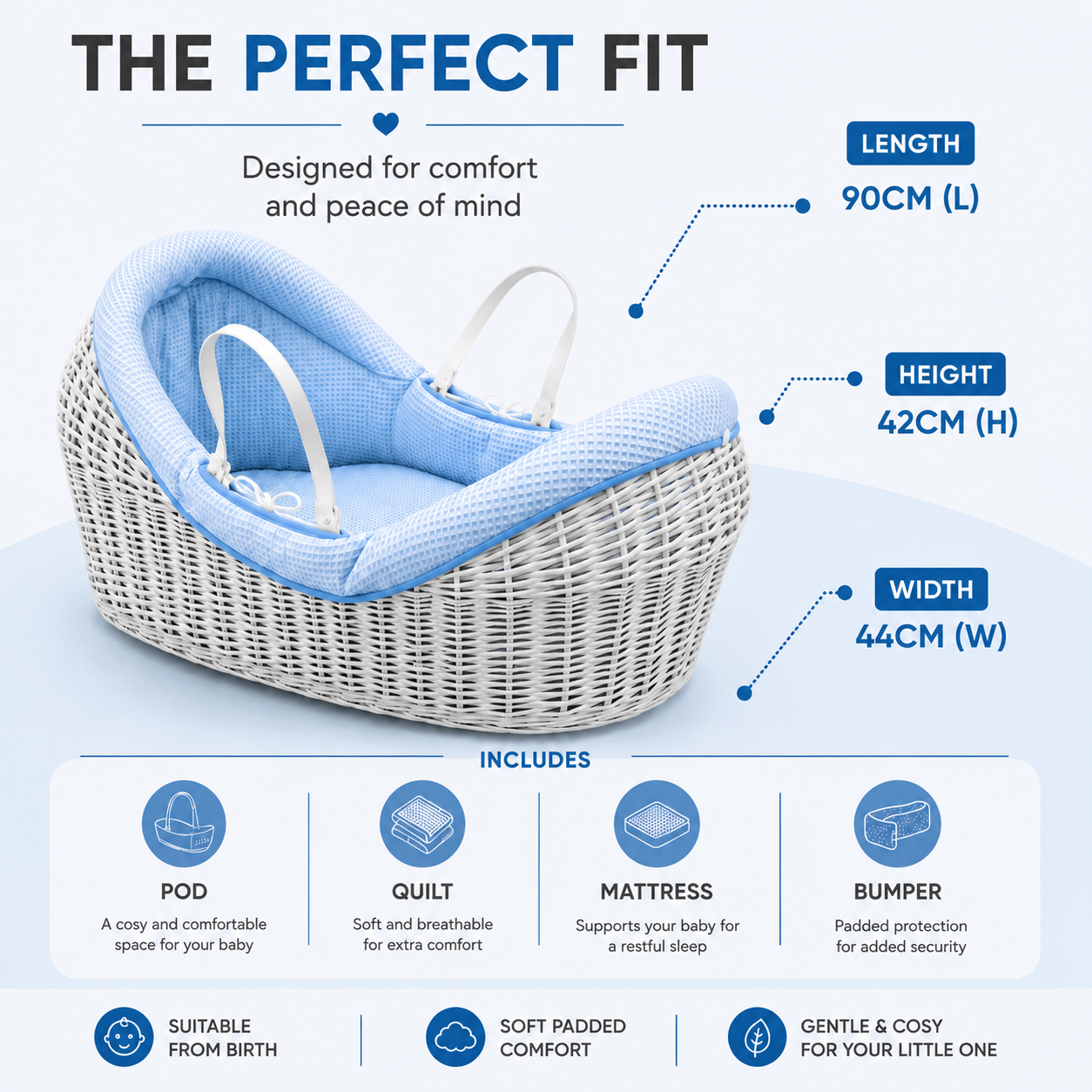 NurtureNest Wicker Deluxe Pod Baby Moses Basket With Stand - Cozy Traditional Wicker Bed For Newborn Safety