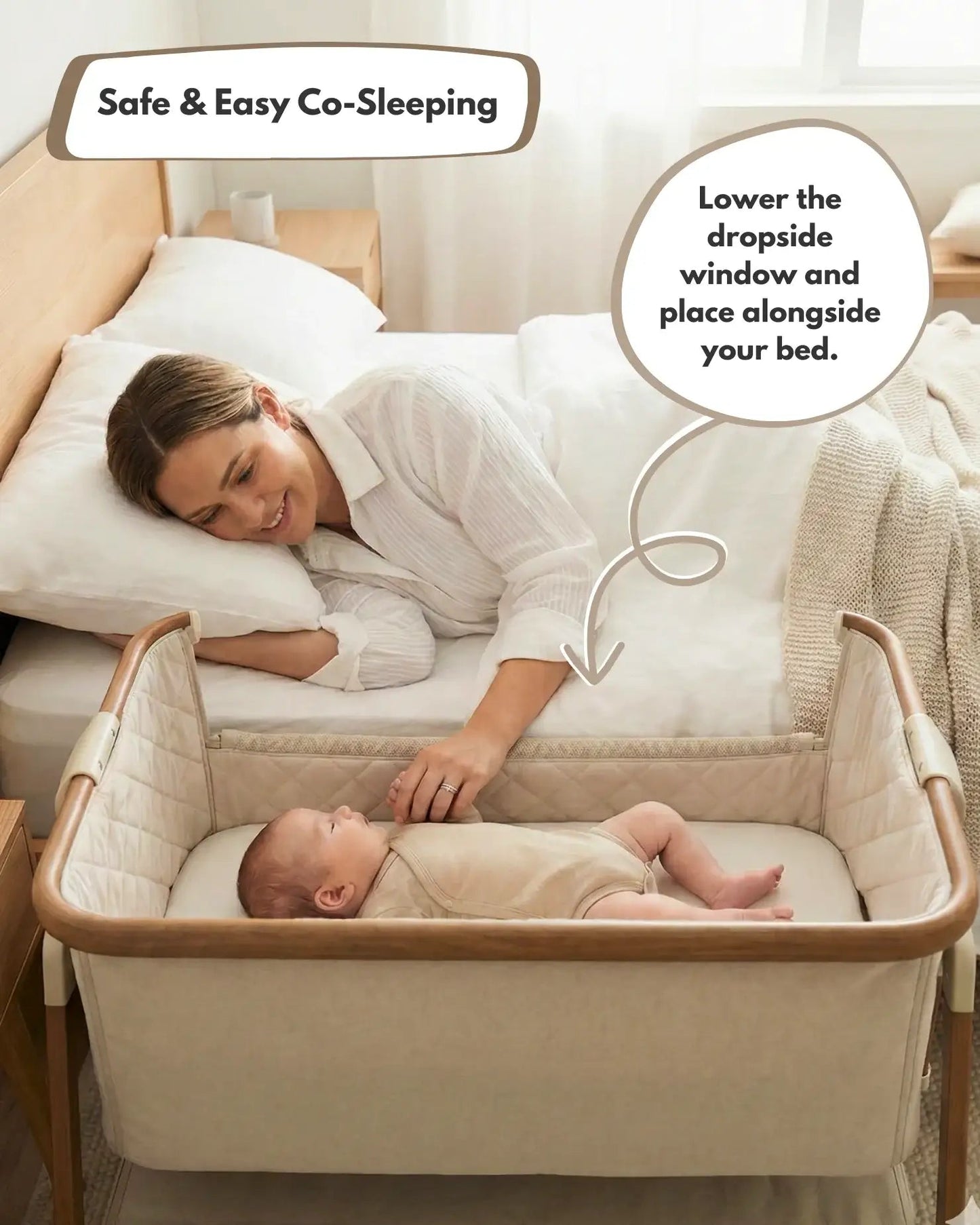 Sona Next To Me Crib Beige - Safe And Comforting Bedside Co Sleeping Crib For Newborns