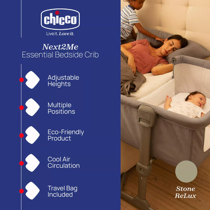 Chicco Next2Me Essential Bedside Crib In Dune - Sustainable Choice With Recycled Polyester Fabric