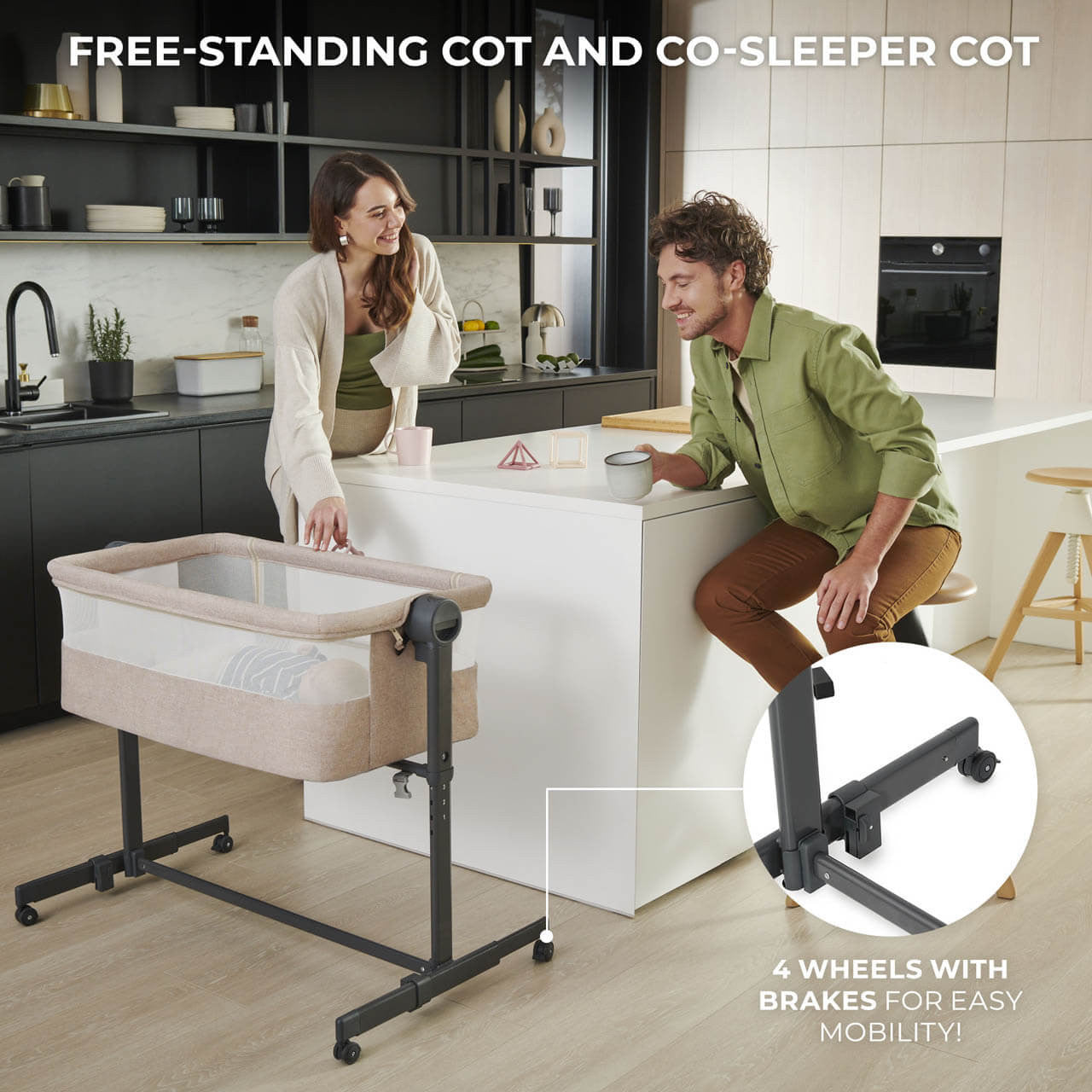 Kinderkraft Nestee Up 2 Bedside Crib - Co Sleeper and Standalone Cot for Close Nighttime Sleep Beige
