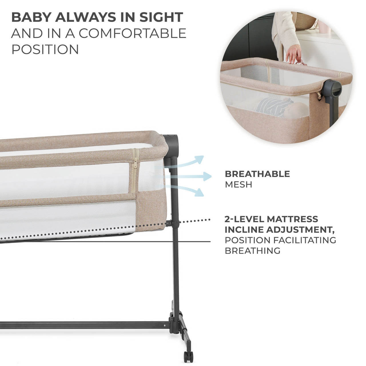 Kinderkraft Nestee Up 2 Bedside Crib - Co Sleeper and Standalone Cot for Close Nighttime Sleep Beige