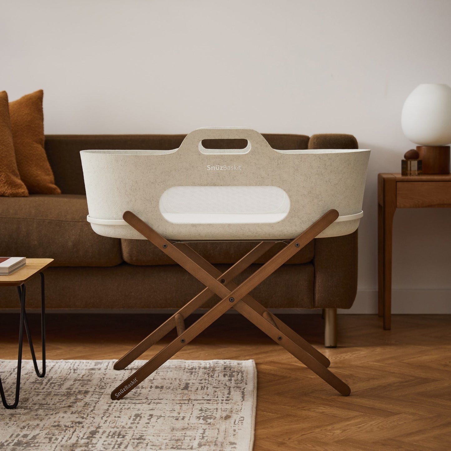 SnuzBaskit Barley Moses Basket And Walnut Stand - Timeless Comfort And Modern Convenience For Baby