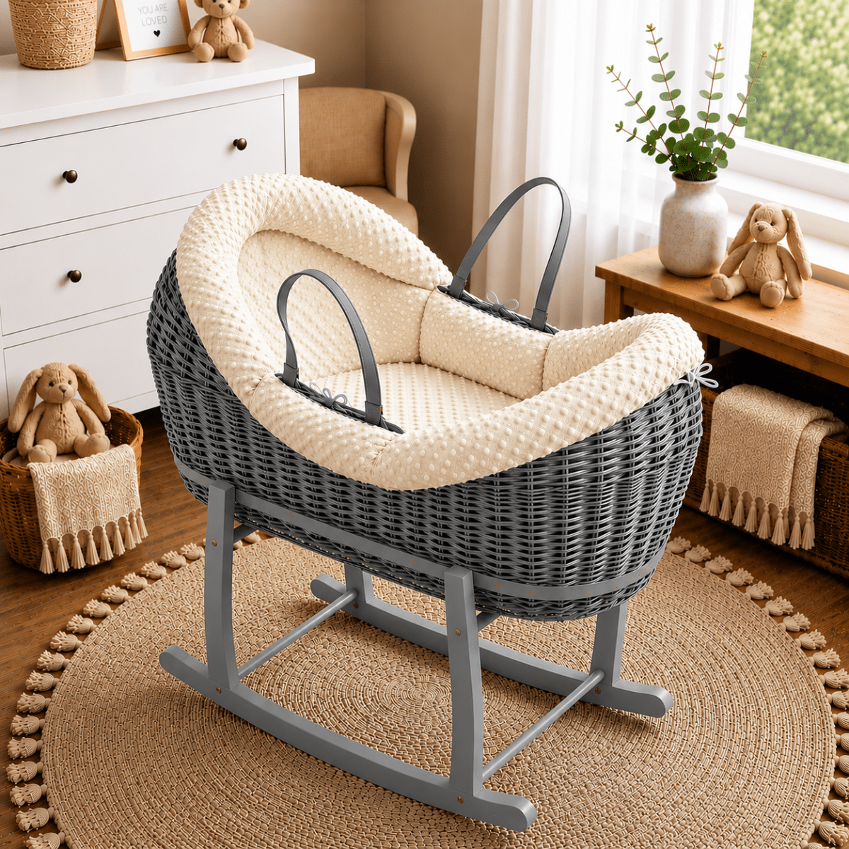 NurtureNest Wicker Deluxe Pod Baby Moses Basket With Stand - Cozy Traditional Wicker Bed For Newborn Safety