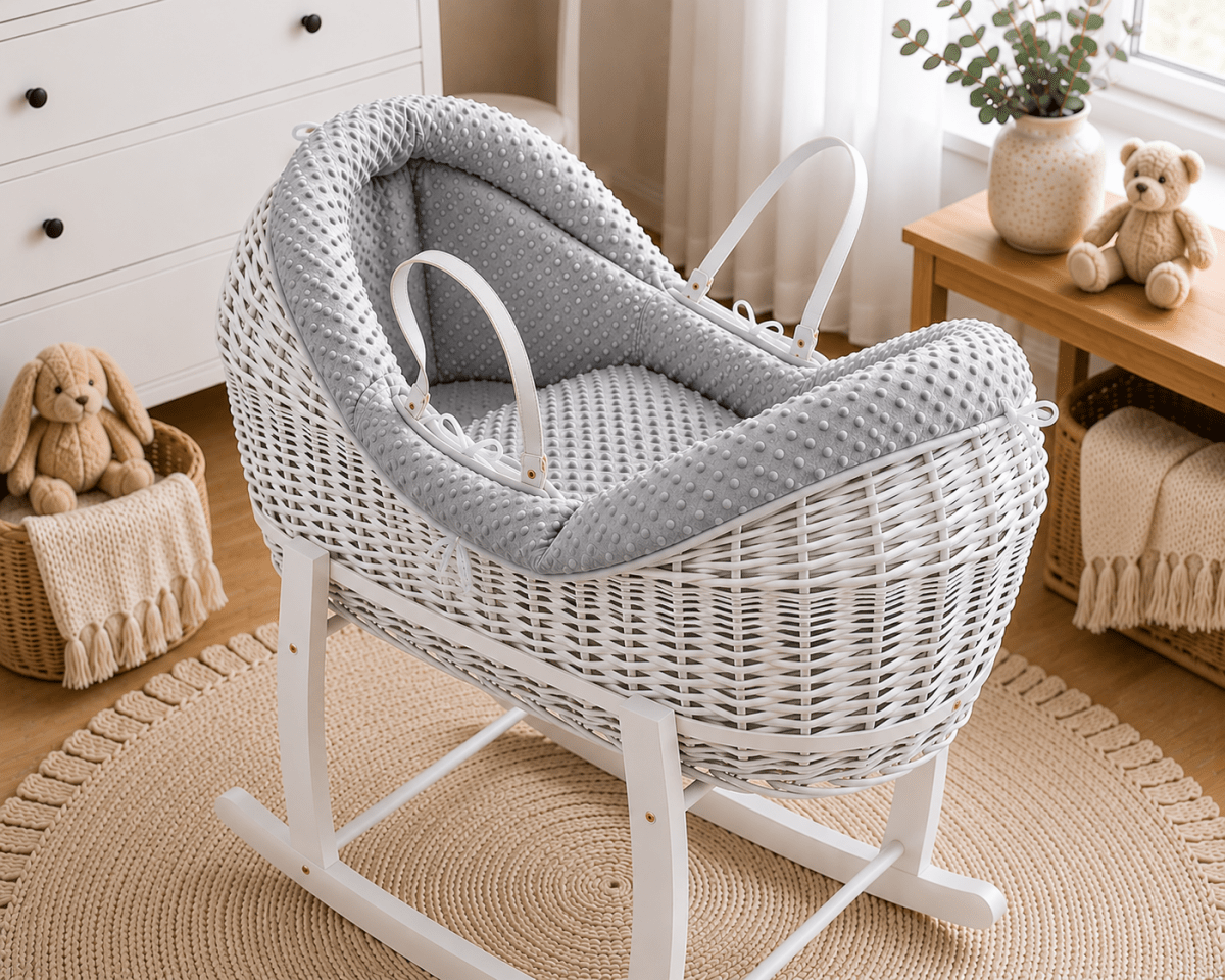 NurtureNest Wicker Deluxe Pod Baby Moses Basket With Stand - Cozy Traditional Wicker Bed For Newborn Safety