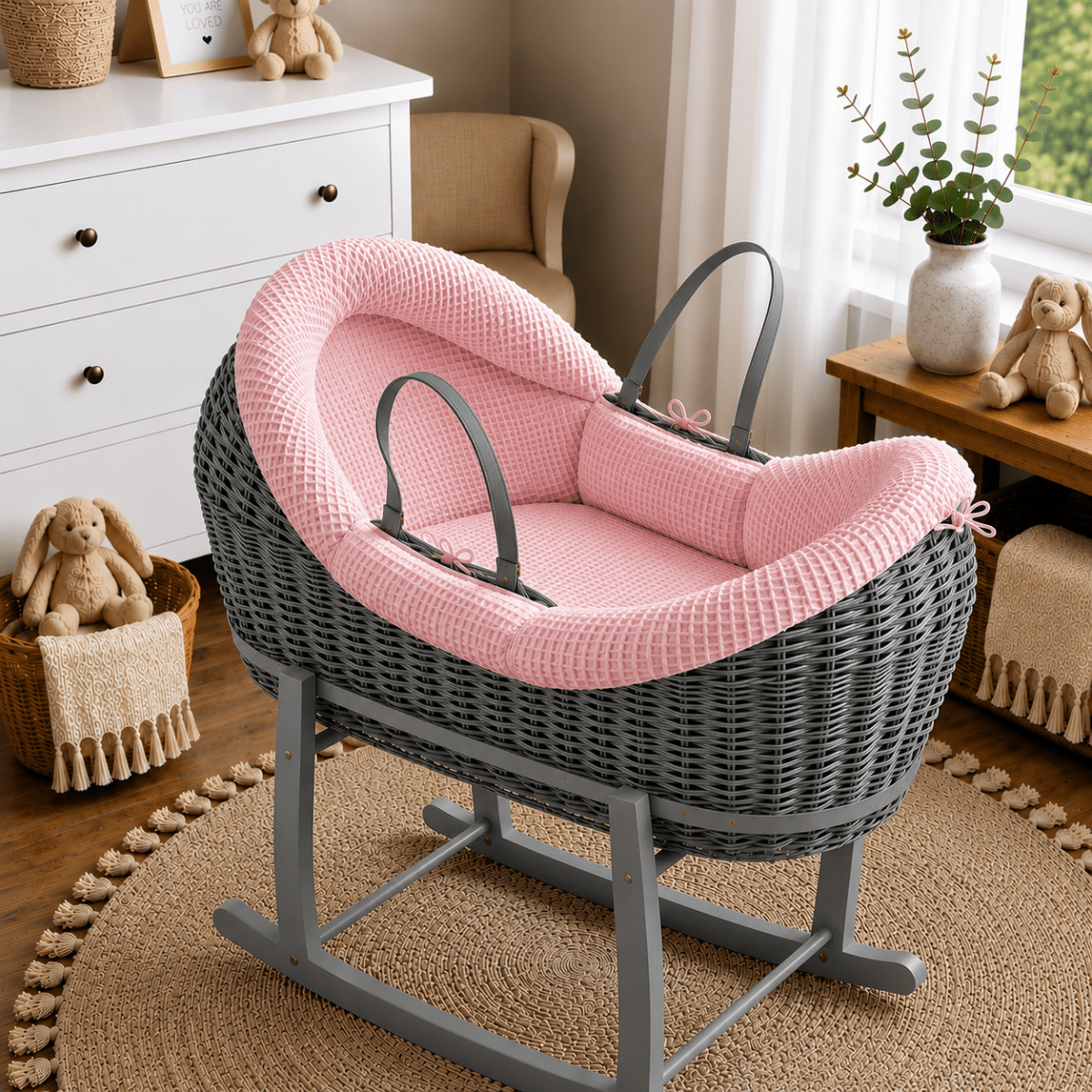 NurtureNest Wicker Deluxe Pod Baby Moses Basket With Stand - Cozy Traditional Wicker Bed For Newborn Safety