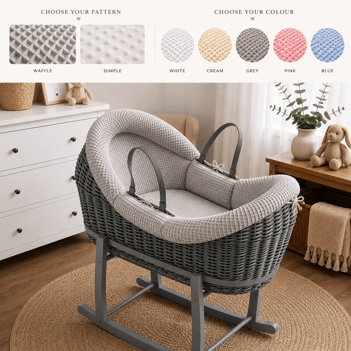 NurtureNest Wicker Deluxe Pod Baby Moses Basket With Stand - Cozy Traditional Wicker Bed For Newborn Safety