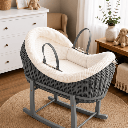 NurtureNest Wicker Deluxe Pod Baby Moses Basket With Stand - Cozy Traditional Wicker Bed For Newborn Safety