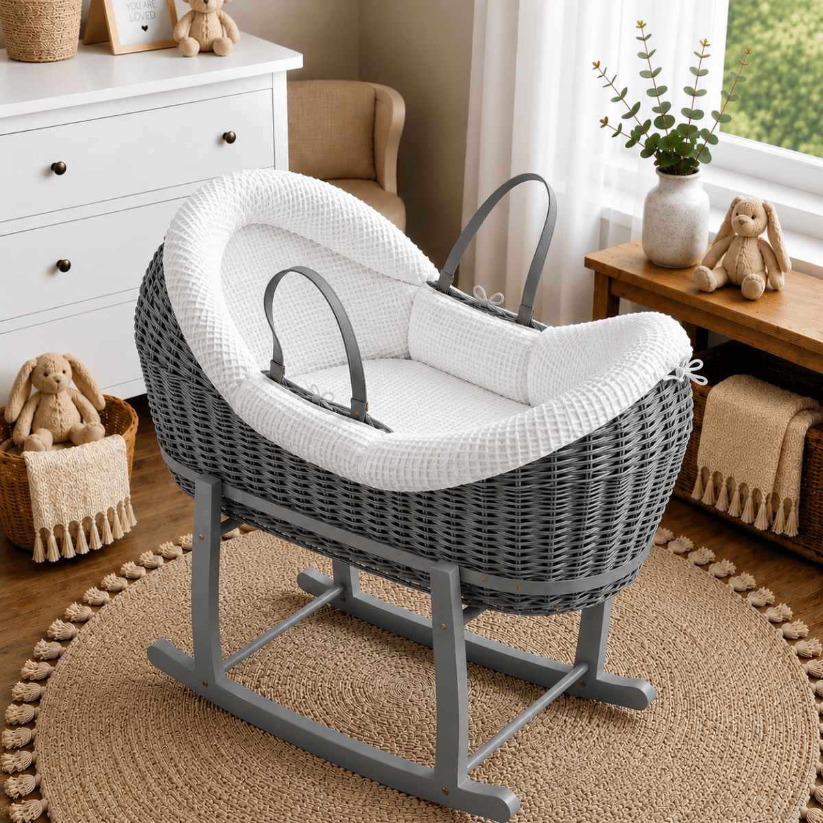 NurtureNest Wicker Deluxe Pod Baby Moses Basket With Stand - Cozy Traditional Wicker Bed For Newborn Safety
