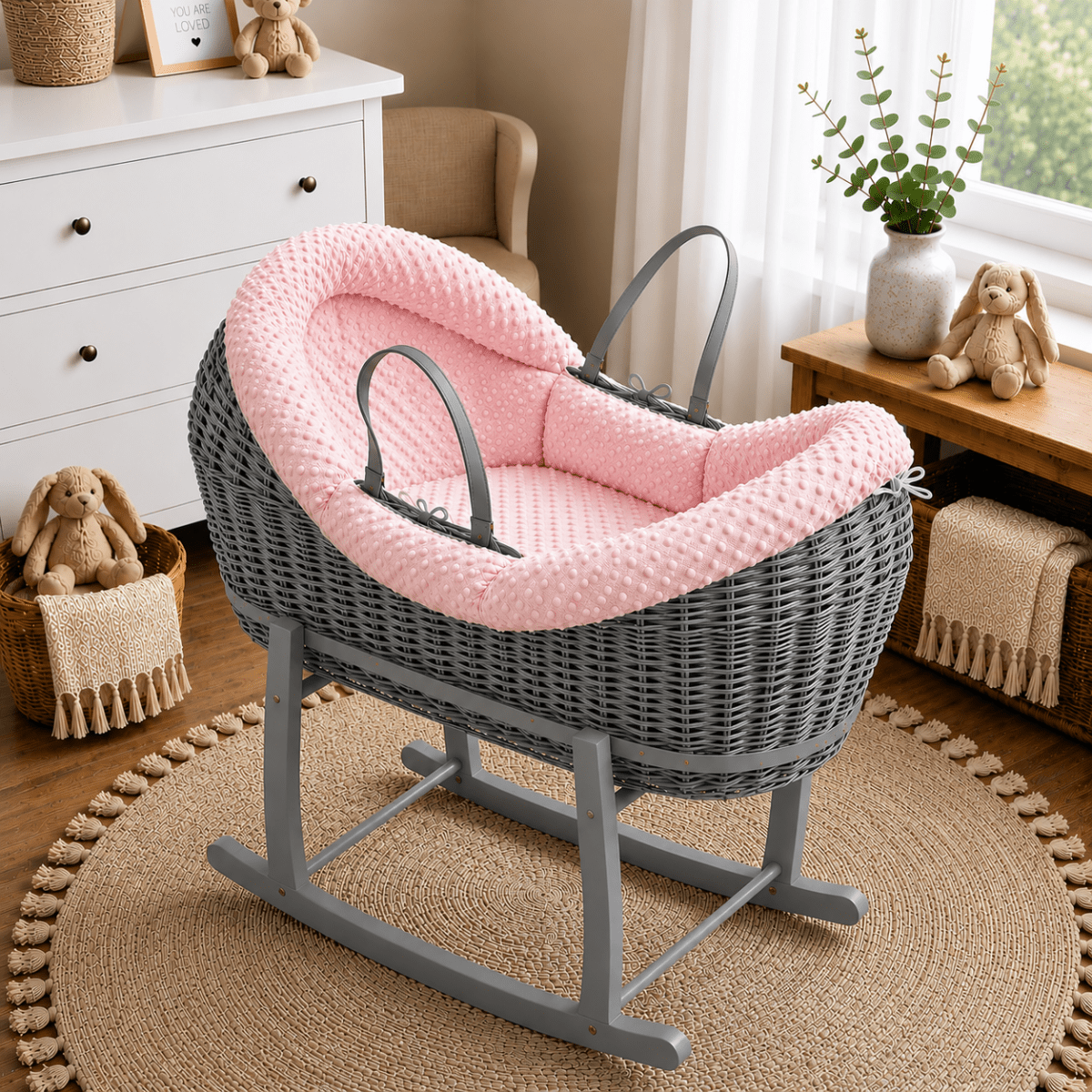 NurtureNest Wicker Deluxe Pod Baby Moses Basket With Stand - Cozy Traditional Wicker Bed For Newborn Safety