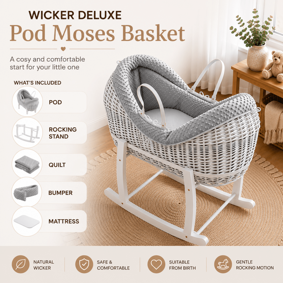 NurtureNest Wicker Deluxe Pod Baby Moses Basket With Stand - Cozy Traditional Wicker Bed For Newborn Safety
