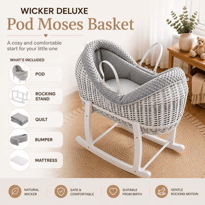 NurtureNest Wicker Deluxe Pod Baby Moses Basket With Stand - Cozy Traditional Wicker Bed For Newborn Safety