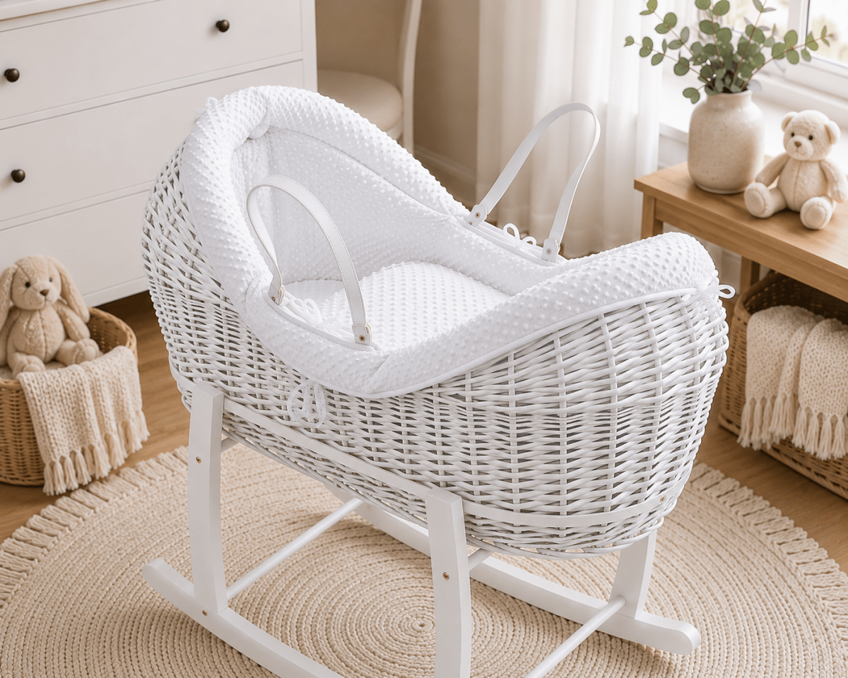 NurtureNest Wicker Deluxe Pod Baby Moses Basket With Stand - Cozy Traditional Wicker Bed For Newborn Safety