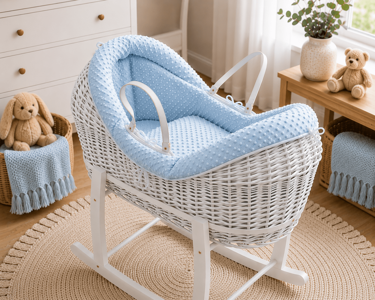 NurtureNest Wicker Deluxe Pod Baby Moses Basket With Stand - Cozy Traditional Wicker Bed For Newborn Safety