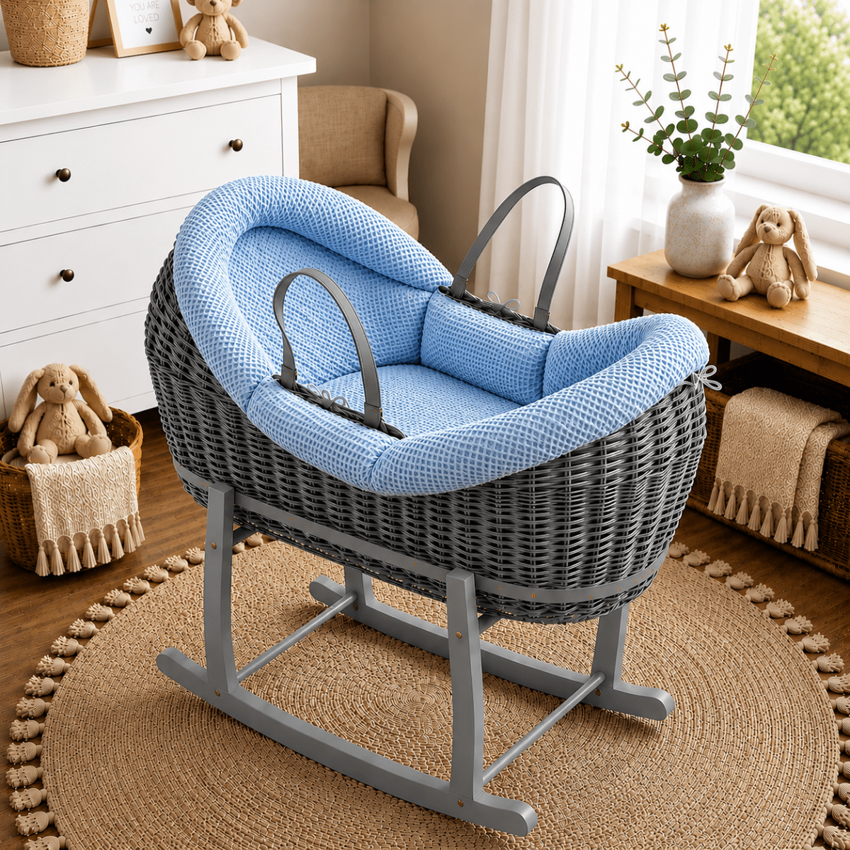 NurtureNest Wicker Deluxe Pod Baby Moses Basket With Stand - Cozy Traditional Wicker Bed For Newborn Safety