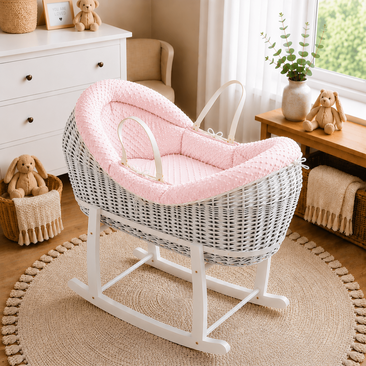 NurtureNest Wicker Deluxe Pod Baby Moses Basket With Stand - Cozy Traditional Wicker Bed For Newborn Safety